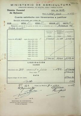 Cuentas justificativas de la Dirección General de Montes en el 1952. Dietas