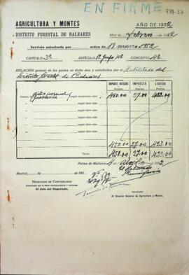 Cuentas justificativas de la Dirección General de Montes en el 1952. Dietas personal guardería